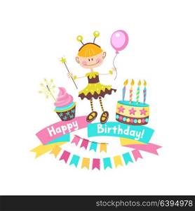Happy birthday. Greeting cards. Cake with candles, ribbons, balloons, banners, gifts. Cute girl in a suit bees. Vector clipart.