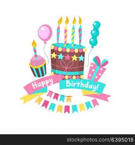 Happy birthday. Greeting cards. Cake with candles, ribbons, balloons, banners, gifts. Vector clipart.