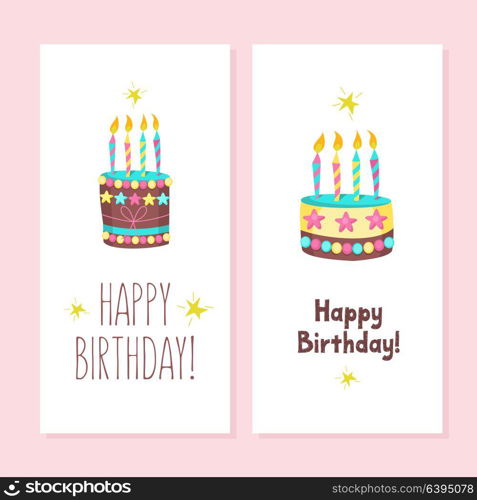Happy birthday. Greeting cards. Cute cakes with candles. Vector clipart.