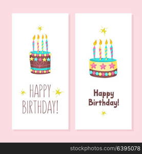 Happy birthday. Greeting cards. Cute cakes with candles. Vector clipart.