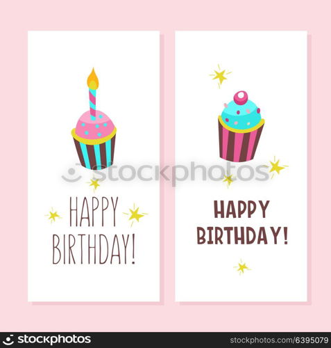 Happy birthday. Greeting cards. Cute cakes with candles. Vector clipart.