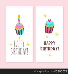 Happy birthday. Greeting cards. Cute cakes with candles. Vector clipart.