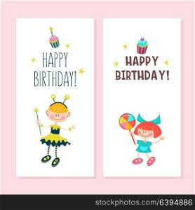 Happy birthday. Greeting cards. Cute girls having fun and delicious cakes with candles. Vector clipart.