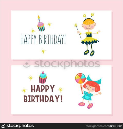 Happy birthday. Greeting cards. Cute girls having fun and delicious cakes with candles. Vector clipart.