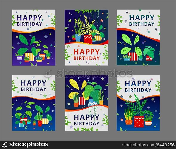 Happy birthday greeting cards design set. Houseplants, home plants in pots with green leaves vector illustration with text s&le. Template for festive postcards and party posters