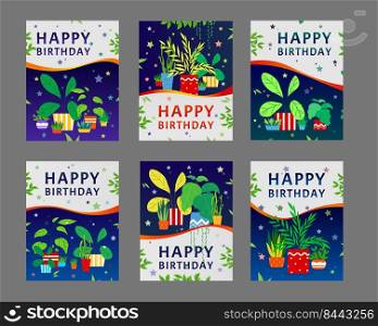 Happy birthday greeting cards design set. Houseplants, home plants in pots with green leaves vector illustration with text s&le. Template for festive postcards and party posters