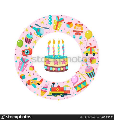 Happy birthday. Greeting cards. Set of vector cliparts oriented in a circle. Toys, gifts, cakes with candles, confetti.