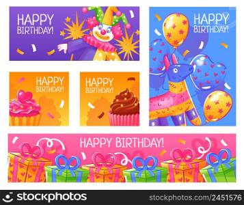 Happy birthday greeting party invitation funny cards banners collection with confetti cakes balloons presents isolated vector illustration. Birthday Party Cards Set