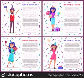 Happy birthday greeting posters people celebrating Bday. Cartoon female and male characters, festive hats vector on backdrop of tinsels and confetti, gifts. Birthday Greeting Posters Women Celebrating Bday
