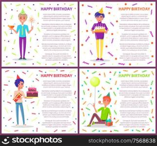 Happy birthday greeting posters with men celebrating Bday. Cartoon male with party horn, festive hat vector on backdrop of tinsels and confetti, gifts. Birthday Greeting Poster with Men Celebrating Bday