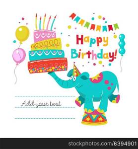 Happy birthday! Greeting template. A set of holiday vector elements. Circus elephant juggler holds a large birthday cake with candles.