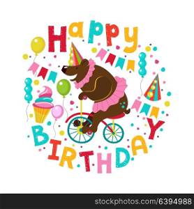 Happy birthday! Greeting template. A set of holiday vector elements. A trained circus bear riding a Bicycle. Garlands, balloons, confetti. Arranged in the shape of a circle.