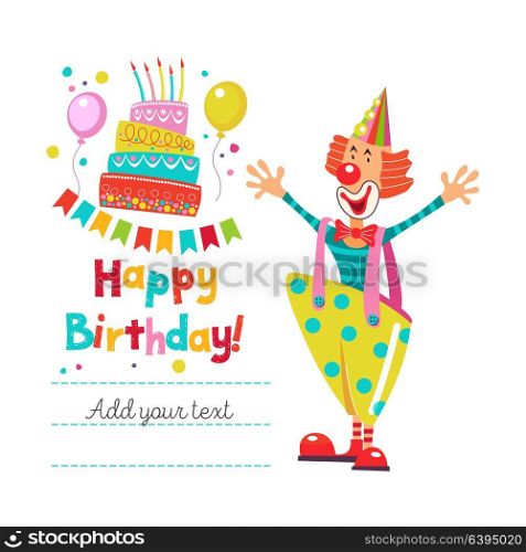 Happy birthday! Greeting template. A set of holiday vector elements. Hilarious clown and birthday cake with candles.