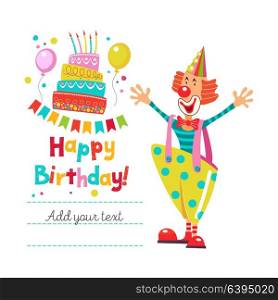 Happy birthday! Greeting template. A set of holiday vector elements. Hilarious clown and birthday cake with candles.