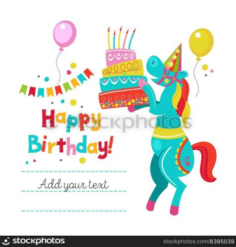 Happy birthday! Greeting template. A set of holiday vector elements. Funny circus horse holding a birthday cake with candles. Garlands, balloons, confetti.