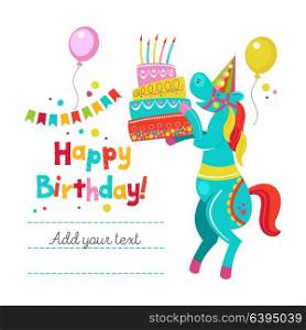 Happy birthday! Greeting template. A set of holiday vector elements. Funny circus horse holding a birthday cake with candles. Garlands, balloons, confetti.