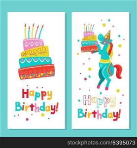 Happy birthday! Greeting template. A set of holiday vector elements. A trained horse holding a birthday cake. Garlands, balloons, confetti.
