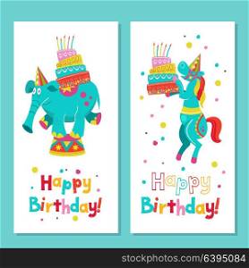 Happy birthday! Greeting template. A set of holiday vector elements. A trained horse holding a birthday cake. Circus elephant on a pedestal carries a birthday cake. Garlands, balloons, confetti.