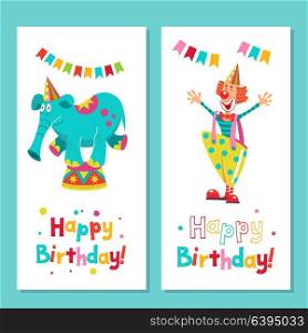 Happy birthday! Greeting template. A set of holiday vector elements. Happy clown. Circus elephant on a pedestal. Garlands, balloons, confetti.