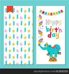 Happy birthday! Greeting template. Bilateral. A set of holiday vector elements. Circus elephant juggling cakes.