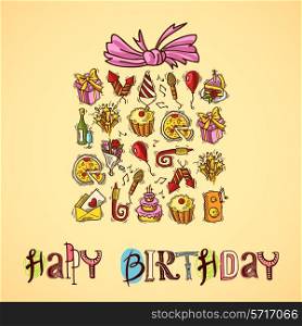 Happy birthday greetings card with sketch party elements in gift box shape vector illustration