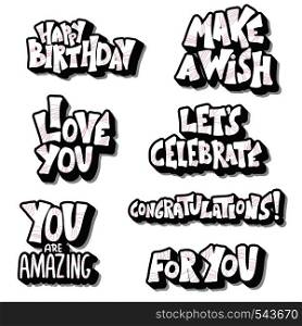 Happy Birthday hand drawn lettering set isolated on white background. Collection of birthday phrases. Elements for greeting cards, invitation, flyers, banners. Vector illustration.