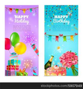 Happy birthday holiday celebrration banners set . Happy birthday holiday party celebration 2 vertical festive banners set with cake and champagne abstract vector illustration