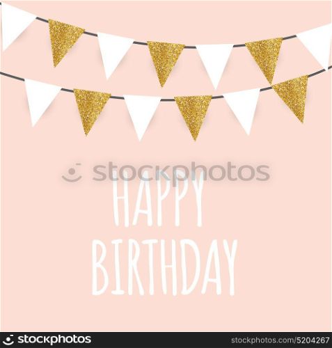 Happy Birthday, Holiday Greeting and Invitation Card Template with Golden Glitter Flags Vector Illustration. EPS10. Happy Birthday, Holiday Greeting and Invitation Card Template with Golden Glitter Flags Vector Illustration