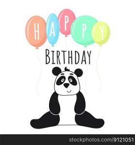 Happy birthday holiday postcard. Cute panda and congratulations inscription. Baby template for card, invitation, banner and design. Vector illustration. Happy birthday holiday postcard