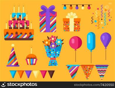 Happy birthday icon set. Celebration or holiday items.. Happy birthday icon set.