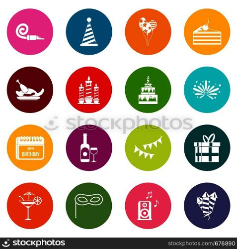 Happy Birthday icons many colors set isolated on white for digital marketing. Happy Birthday icons many colors set