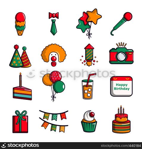 Happy birthday icons set. Cartoon illustration of 16 happy birthday vector icons for web. Happy birthday icons set, cartoon style