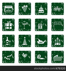 Happy Birthday icons set in grunge style green isolated vector illustration. Happy Birthday icons set grunge