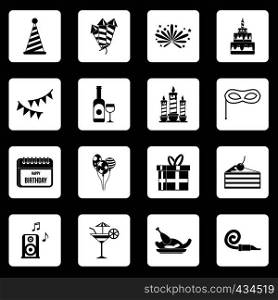 Happy Birthday icons set in white squares on black background simple style vector illustration. Happy Birthday icons set squares vector