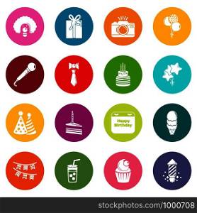 Happy birthday icons set vector colorful circles isolated on white background . Happy birthday icons set colorful circles vector