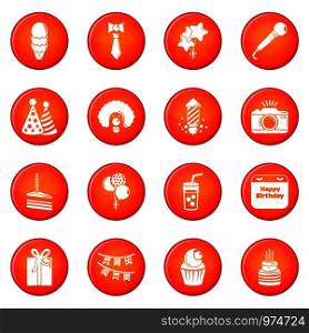 Happy birthday icons set vector red circle isolated on white background . Happy birthday icons set red vector