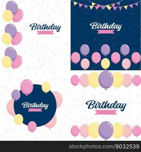 Happy Birthday in a playful. bubbly font with a background of balloons and party streamers