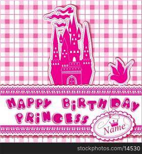 Happy birthday - Invitation card for girl with princess castle and dove.