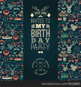 Happy birthday invitation, vintage retro background with hipster seamless pattern. Hipster style. Vector illustration.. Happy birthday invitation, vintage retro background with hipster
