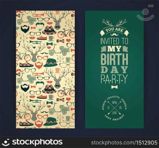 Happy birthday invitation, vintage retro background with hipster seamless pattern. Hipster style. Vector illustration.. Happy birthday invitation, vintage retro background with hipster