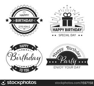 Happy Birthday isolated icons, design element for greeting cards vector. Cup print with lettering typography text sign, wishes and gift box. Special day party invitation, anniversary congratulation. Greeting cards decor, Happy Birthday cup print isolated icons