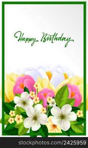 Happy birthday lettering. Beautiful card with wish in green frame. Handwritten text, calligraphy. Can be used for greeting cards, posters and leaflets
