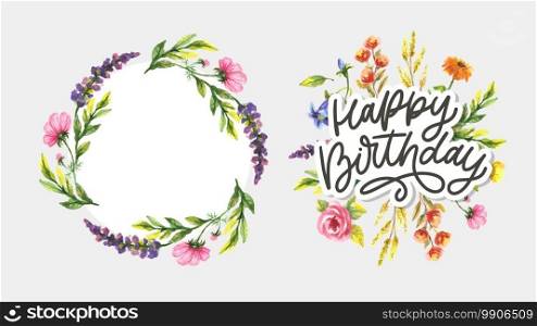 Happy Birthday lettering calligraphy slogan flowers vector illustration. Happy Birthday lettering calligraphy slogan flowers vector illustration text