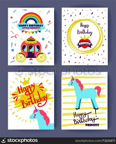 Happy Birthday, little princess, cards collection, set of covers with confetti, unicorn and carriage, heart and crown, isolated on vector illustration. Happy Birthday Princess Set Vector Illustration