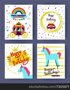 Happy Birthday, little princess, cards collection, set of covers with confetti, unicorn and carriage, heart and crown, isolated on vector illustration. Happy Birthday Princess Set Vector Illustration