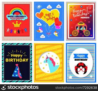 Happy Birthday little princess, collection of cards with balloons and clouds with smile, sun and birds, headlines isolated on vector illustration. Happy Birthday Collection Vector Illustration
