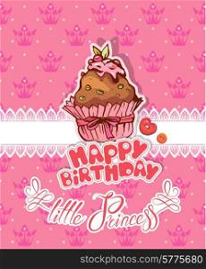 Happy birthday, little princess - holiday card for girl with pancake on pink background with crowns.