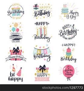 Happy birthday logo badge. Greeting lettering, cake, balloons and candle birthday greeting card decoration design vector illustration icons set. Greeting celebrate label, birthday celebration logo. Happy birthday logo badge. Greeting lettering, cake, balloons and candle birthday greeting card decoration design vector illustration icons set