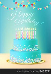 Happy Birthday Message With Realistic Cake . Happy birthday postcard with layered round cake with blue icing candles and festive background realistic vector illustration