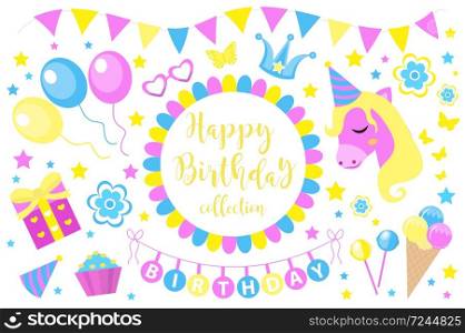 Happy birthday modern cute icons set, cartoon flat style. Party collection of design elements with unicorn, balloons, gerland, sweets. Candy and cake for childrens holiday kit. Vector illustration.. Happy birthday modern cute icons set, cartoon flat style. Party collection of design elements with unicorn, balloons, gerland, sweets. Candy and cake for childrens holiday kit. Vector illustration
